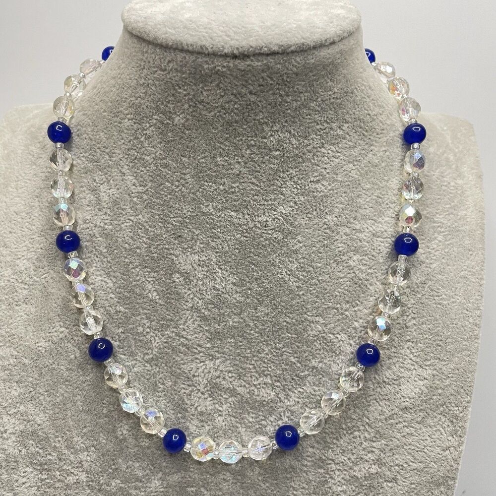 Earth Mined Blue India Gemstone White AB Glass Beaded Necklace Statement Elegant